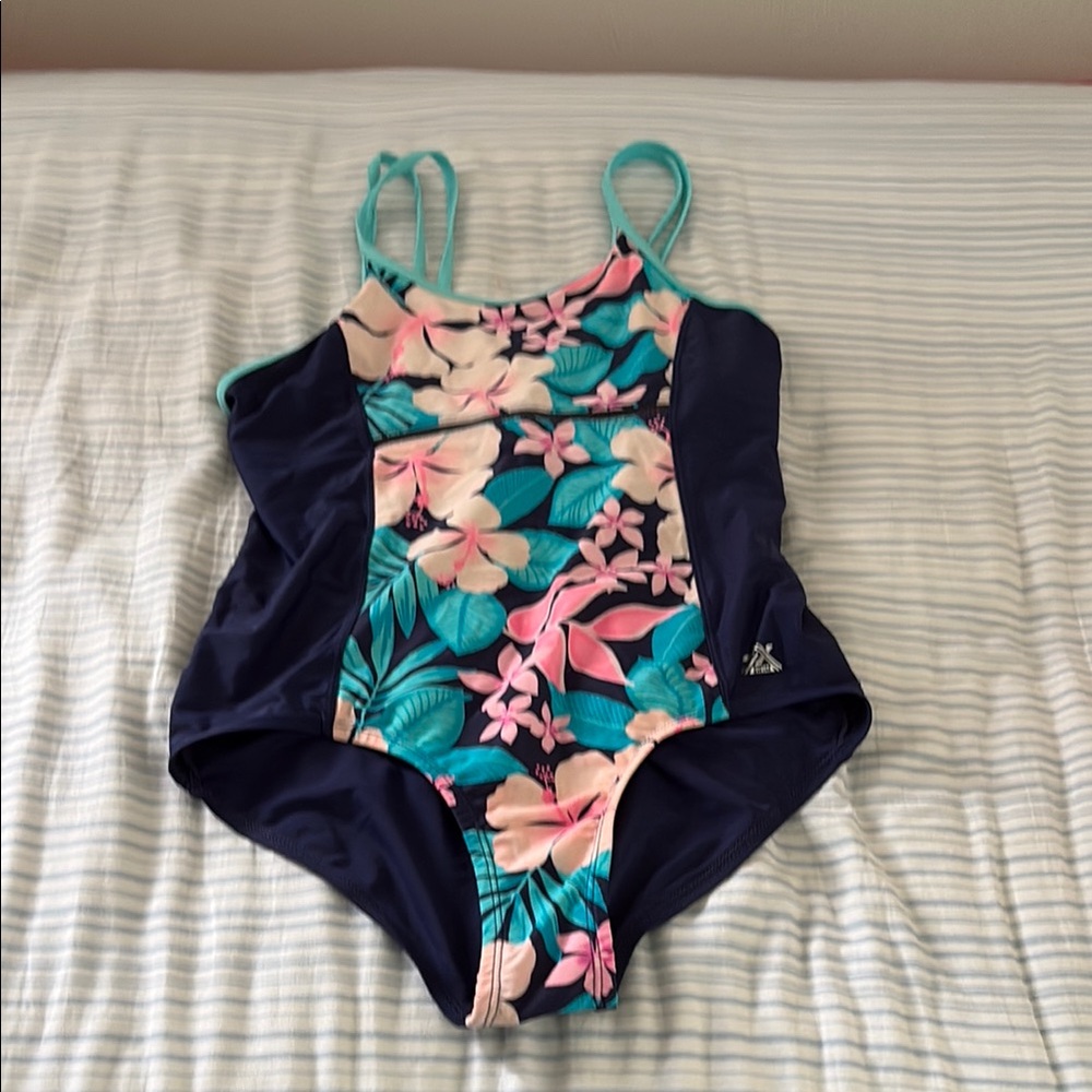 Blue and Pink One Piece Swimwear with Tropical Design